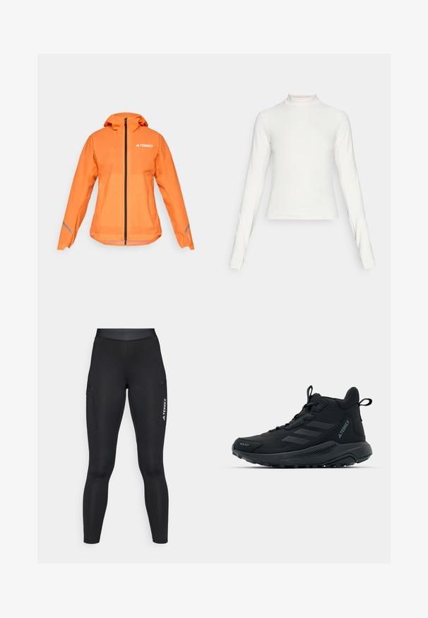 Terrex vattentät jacka, klar orange, lättviktig tyg, hel dragkedja, huva, reflexdetaljer på ärmarna, slät textur.; Vit långärmad atletisk topp med ståkrage och liten centrerad logotyp på bröstet, visad mot en neutral bakgrund.; Svarta sportleggings med en åtsittande design, tillverkade av stretchmaterial. Har sidofickor och vit "TERREX"-logotyp.; Svart vandringsskor med en strukturerad ovandel, förstärkt tå och gummisulor. Har en tre-rads design och vadderad anklekrage för stöd.
