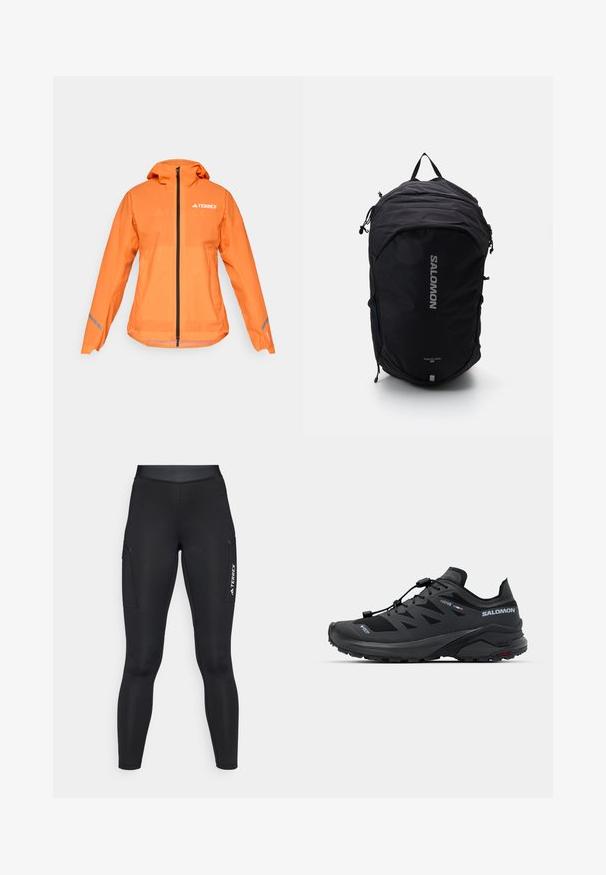 Terrex vízálló dzseki, élénk narancssárga, könnyű szövet, teljes cipzárral, kapucnival, fényvisszaverő részletekkel az ujjakon, sima tapintású.; Hosszú ujjú fehér sportfelső, mokk nyakkal és kis középre helyezett logóval a mellkasán, egyszerű háttér előtt.; Fekete sport leggings, testhez simuló kialakítással, rugalmas anyagból. Oldalsó zsebekkel és fehér "TERREX" logóval rendelkezik.; Fekete sportcipő, amely lélegző hálóból és gumiból készült. Karcsú dizájnnal, gyors fűzőrendszerrel és texturált talppal rendelkezik a tapadás érdekében.; Fekete hátizsák letisztult dizájnnal, texturált anyagból, állítható pántokkal és a fronton feltűnő ezüst "SALOMON" logóval.