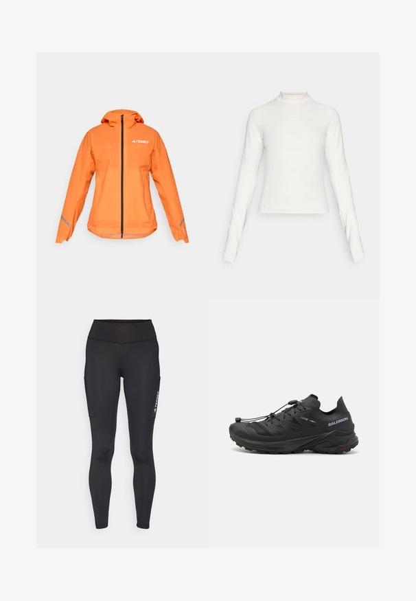 Terrex waterdichte jas, fel oranje, lichtgewicht stof, volle rits, capuchon, reflecterende accenten op de mouwen, soepele textuur.; Witte sporttop met lange mouwen en een opstaande kraag, met een klein logo in het midden op de borst, weergegeven op een effen achtergrond.; Zwarte legging van rekbaar materiaal met een hoge taille, zijzakken en contrasterende witte branding op het linkerpijp.; Zwarte trailschoen voor hardlopen met een gestructureerde bovenkant, meshpanelen en een veilig bevestigingssysteem. Beschikt over een robuuste buitenzool voor grip.