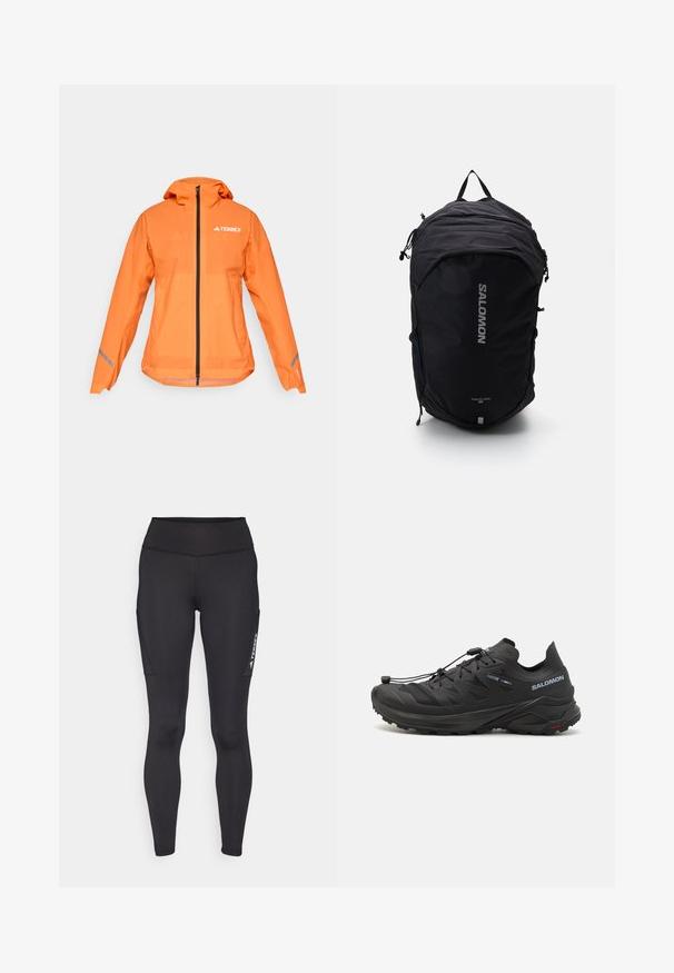 Giacca impermeabile Terrex, arancione brillante, tessuto leggero, chiusura a zip full, cappuccio, dettagli riflettenti sulle maniche, texture liscia.; Maglia atletica bianca a maniche lunghe con colletto alto e piccolo logo centrato sul petto, esposta su uno sfondo neutro.; Leggings neri realizzati in materiale elastico, con vita alta, tasche laterali e marchio bianco a contrasto sulla gamba sinistra.; Scarpe da trail running nere con una parte superiore testurizzata, pannelli in rete e un sistema di chiusura sicuro. Presentano una suola robusta per una buona trazione.; Zaino nero con un design slanciato, tessuto testurizzato, spallacci regolabili e un logo "SALOMON" argentato in evidenza sulla parte anteriore.