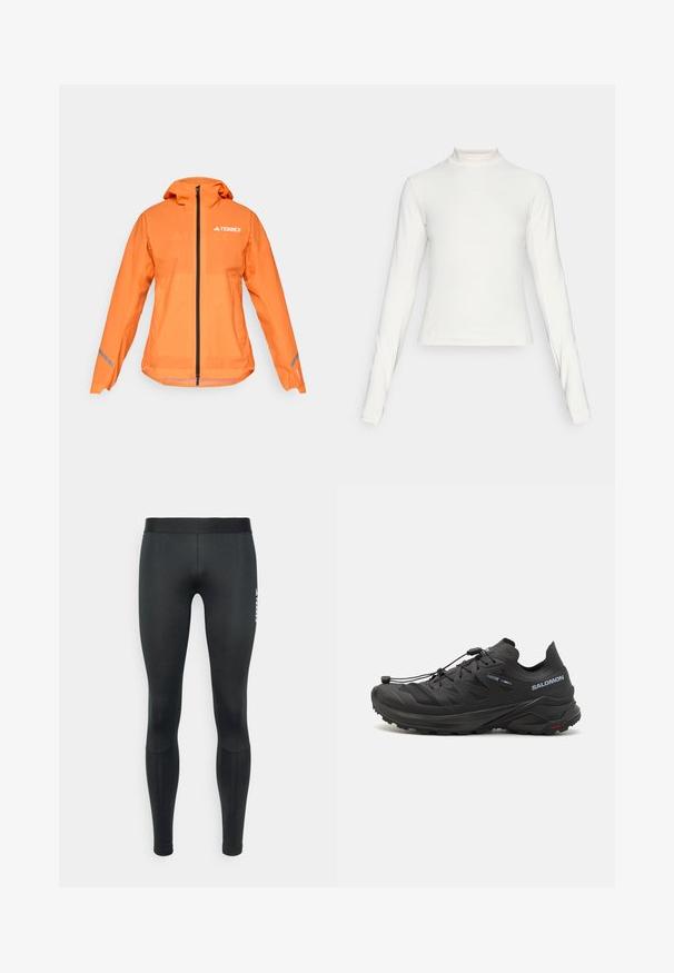 Terrex vedenpitävä takki, kirkkaan oranssi, kevyt kangas, täysipitkä vetoketju, huppu, heijastavat yksityiskohdat hihoissa, sileä pinta.; Pitkähiha valkoinen urheilu paita, jossa on korkea kaulus ja pieni keskellä oleva logo rinnassa, esitetty yksinkertaisella taustalla.; Mustat urheiluleggingsit, joissa on sileä pinta, joustava vyötärö ja logotieto sivussa. Ne ovat tiukasti istuvat ja kokopitkät.; Musta maastojuoksukengät, joissa on teksturoitu päällinen, verkkomaiset paneelit ja turvallinen kiinnitysjärjestelmä. Varustettu karkealla pohjalla pidon parantamiseksi.