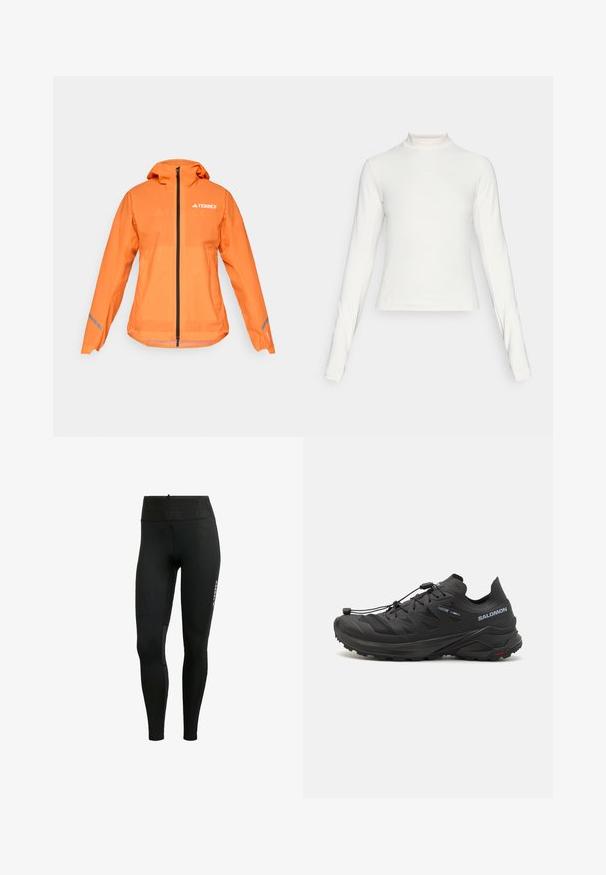 Terrex vanntett jakke, lys orange, lett stoff, hel glidelås, hette, reflekterende detaljer på ermene, glatt tekstur.; Langermet hvit treningsgenser med høy hals og lite sentrert logo på brystet, vist på en enkel bakgrunn.; Sorte svarte treningstights laget av elastisk stoff, med bred midjebånd, nettingpaneler og diskret sidelomme.; Svarte terrengløpesko med strukturert overdel, meshneder, og et sikkert festesystem. Har en robust såle for godt grep.