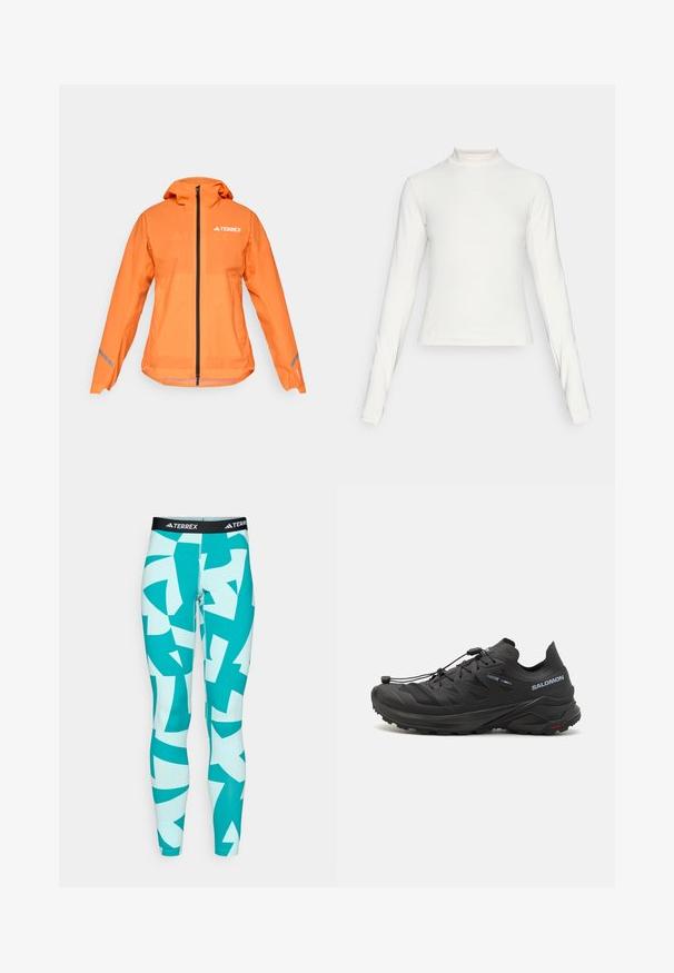 Terrex vodoodpudivá bunda, jasne oranžová, ľahká textílie, plný zips, kapucňa, reflexné akcenty na rukávoch, hladká textúra.; Dlhý rukáv biely športový top s vysokým golierom a malým centrálnym logom na hrudi, zobrazený na jednoduchom pozadí.; Tyrkysové legíny s abstraktnými bielymi a teal geometrickými vzormi. Vyrobené z elastického materiálu, s čiernym pásom s logom TERREX.; Čierne trailové bežecké topánky s textúrovaným zvrškom, sieťovinovými panelmi a bezpečným systémom zapínania. Obsahujú robustnú podrážku pre lepšiu trakciu.