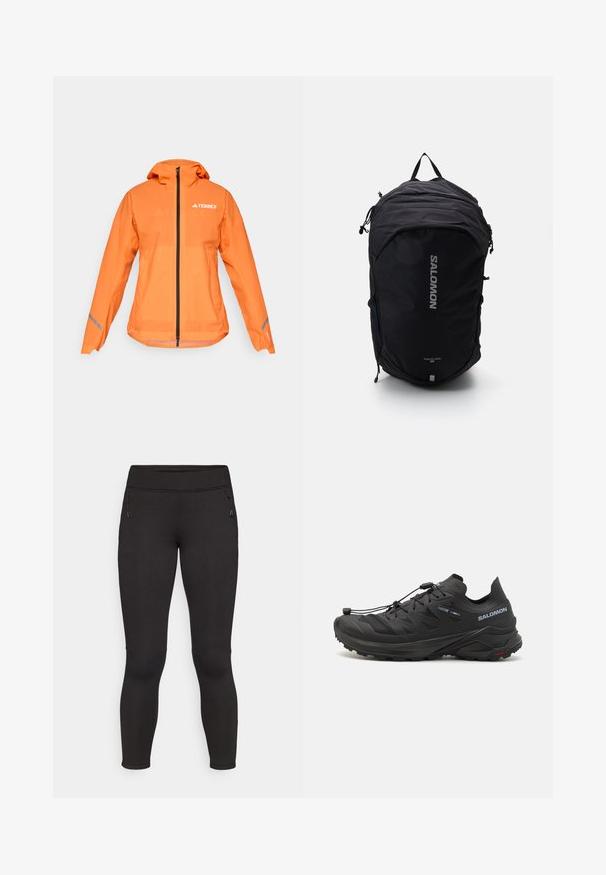 Terrex vattentät jacka, klar orange, lättviktig tyg, hel dragkedja, huva, reflexdetaljer på ärmarna, slät textur.; Vit långärmad atletisk topp med ståkrage och liten centrerad logotyp på bröstet, visad mot en neutral bakgrund.; Svarta atletiska leggings med en slät yta, elastisk midjeresår och två fickor med dragkedja på sidorna. Kroppsnära design och full längd.; Svarta traillöparskor med en texturerad ovandel, meshpaneler och ett säkert fästsystem. Har en robust sula för bra grepp.; Svart ryggsäck med en strömlinjeformad design, texturerad tyg, justerbara remmar och en framträdande silverfärgad "SALOMON"-logotyp på framsidan.