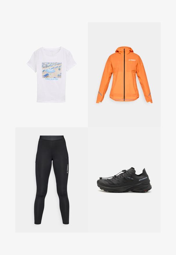 Terrex vattentät jacka, klar orange, lättviktig tyg, hel dragkedja, huva, reflexdetaljer på ärmarna, slät textur.; Vit bomull t-shirt med en blå grafik av strandparaplyer och stolar, med texten "italian vacay club" i ljusblått.; Svarta sportleggings med en åtsittande design, tillverkade av stretchmaterial. Har sidofickor och vit "TERREX"-logotyp.; Svarta traillöparskor med en texturerad ovandel, meshpaneler och ett säkert fästsystem. Har en robust sula för bra grepp.