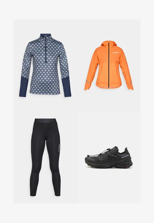 Terrex vízálló dzseki, élénk narancssárga, könnyű szövet, teljes cipzárral, kapucnival, fényvisszaverő részletekkel az ujjakon, sima tapintású.; Hosszú ujjú, cipzáros felső sötét tengerészkék színben, geometrikus fehér mintával; a karokon és a galléron egyszínű tengerészkék díszek találhatók.; Fekete sport leggings, testhez simuló kialakítással, rugalmas anyagból. Oldalsó zsebekkel és fehér "TERREX" logóval rendelkezik.; Fekete terepfutó cipők, textúrált felsőrésszel, hálós panelekből és biztonságos rögzítési rendszerből. Robosztus talppal a tapadás érdekében.