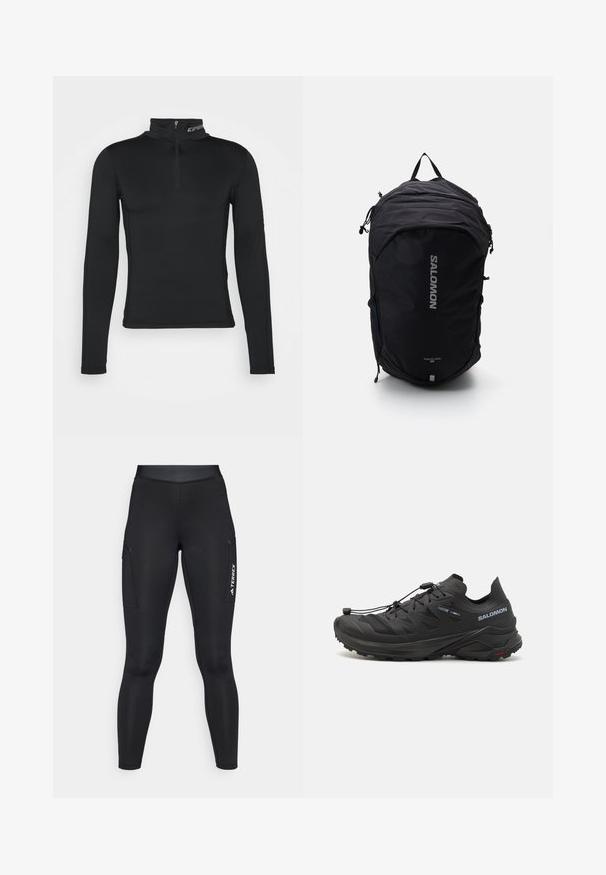 Terrexi veekindel jope, ere oranž, kerge kangas, täispikk tõmblukk, kapuuts, reflektiivsed detailid varrukatel, sile tekstuur.; Must nagu pikkade varrukatega aluskiht kõrge kaelusega ja neljanda lukuga. Sile tekstuur ja sobiv disain optimeeritud tulemuste saavutamiseks.; Mustad musta sportlikud retuusid, millel on tihe vorm ja veniv materjal. Omavad külje taskuid ning valget "TERREX" brändingut.; Mustad mustarunnakingad tekstuuriga ülemise osa, võrkpaneelide ja kindla kinnitussüsteemiga. Omab robustset talda haardeks.; Must kasutatud must seljakott, millel on voolujooneline disain, tekstureeritud kangas, reguleeritavad rihmad ning silmapaistev hõbedane "SALOMON" logo esiküljel.