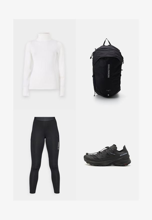 Terrex vodootporna jakna, svijetlo narančasta, lagani materijal, pun zip, kapuljača, reflektivni detalji na rukavima, glatka tekstura.; Bijela turtleneck džemper, prilagođenog kroja, dužih rukava, mekane teksture, glatkog materijala, minimalna obrada, rebraste manžete i ovratnik.; Crne sportske tajice s prilagođenim dizajnom, izrađene od rastezljivog materijala. Imaju bočne džepove i bijelu oznaku "TERREX".; Crne trail trkačke cipele s teksturiranim gornjim dijelom, mrežastim panelima i sigurnim sustavom zatvaranja. Imaju robusnu potplate za prianjanje.; Crna ruksak sa aerodinamičkim dizajnom, teksturiranom tkaninom, podesivim trakama i istaknutim srebrnim logotipom "SALOMON" sprijeda.