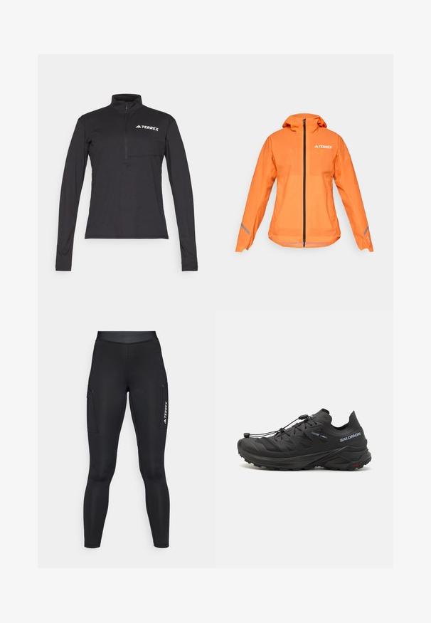 Terrex vodoodporna jakna, svetlo oranžne barve, lahka tkanina, popoln zadrga, kapuca, odsevniki na rokavih, gladka tekstura.; Črn dolg rokav pulover s četrtim zadrgo, ima sprednji žep in belo "TERREX" logo na prsih. Gladek, lahkoten material.; Črne športne legice z oprijetim dizajnom, narejene iz elastičnega materiala. Imajo stranske žepke in belo oznako "TERREX".; Črne trail tekaške copate z teksturirano zgornjim delom, mrežnimi paneli in varnim sistemom zapenjanja. Imajo robusten podplat za oprijem.