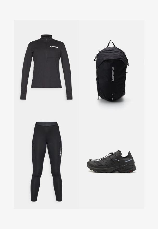 Terrex vedenpitävä takki, kirkkaan oranssi, kevyt kangas, täysipitkä vetoketju, huppu, heijastavat yksityiskohdat hihoissa, sileä pinta.; Musta pitkähiha pullover, jossa on neljänneksen vetoketju, etutasku ja valkoinen "TERREX" logo rinnassa. Sujuva, kevyt kangas.; Mustat urheilulegginsit, joissa on tiukka malli ja venyvä materiaali. Varustettu sivutaskuilla ja valkoisella "TERREX"-brändäyksellä.; Musta maastojuoksukengät, joissa on teksturoitu päällinen, verkkomaiset paneelit ja turvallinen kiinnitysjärjestelmä. Varustettu karkealla pohjalla pidon parantamiseksi.; Musta reppu, jossa on virtaviivainen muotoilu, teksturoitu kangas, säädettävät hihnat ja näyttävä hopeinen "SALOMON"-logo edessä.