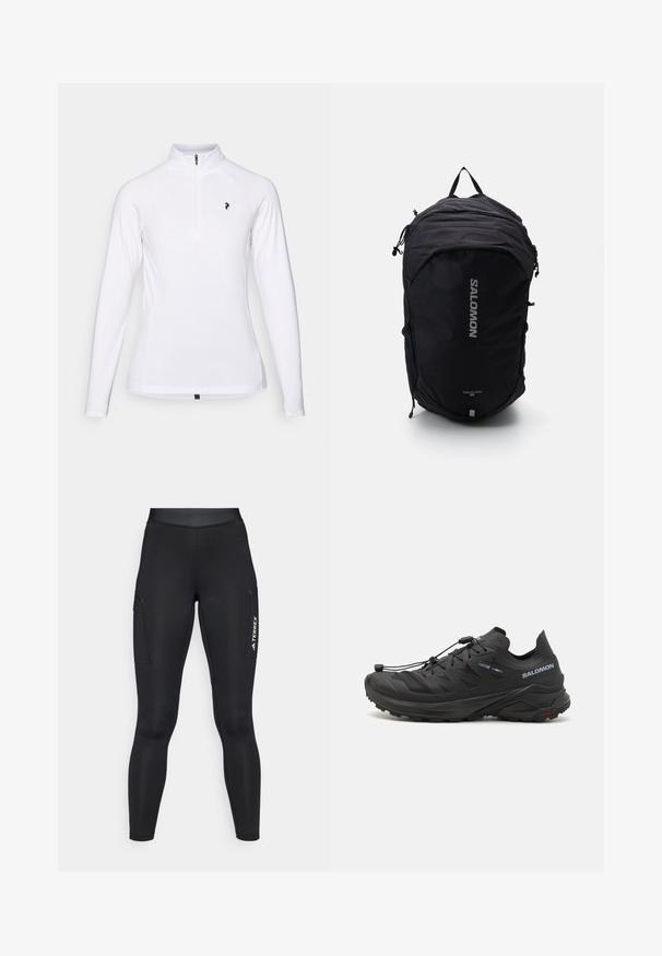 Terrex ūdensnecaurlaidīgā jaka, spilgti oranža, viegla auduma, ar pilnu rāvējslēdzēju, kapuci, atstarojošas akcenti uz piedurknēm, gluda tekstūra.; Balts garais piedurknu džemperis ar ceturtdaļas rāvējslēdzēja apkakli, kurā ir melna logo uz krūtīm un gluda, viegla auduma.; Melnas sportiskas legingas ar pieguļošu dizainu, izgatavotas no elastīga materiāla. Iekļauj sānu kabatas un baltu "TERREX" zīmolu.; Melnas skriešanas kurpes ar teksturētu augšdaļu, acs paneļiem un drošu aizdari. Iespējām raupja zole labākai saķerei.; Melna mugursoma ar plānu dizainu, teksturētu audumu, regulējamām siksnām un izteiksmīgu sudraba "SALOMON" logotipu uz priekšpuses.