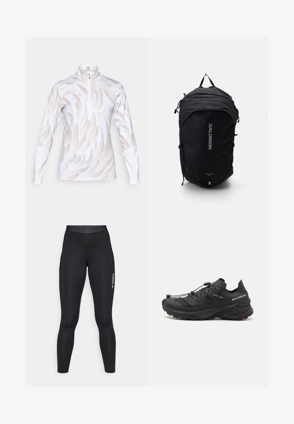 Terrex vodoodporna jakna, svetlo oranžne barve, lahka tkanina, popoln zadrga, kapuca, odsevniki na rokavih, gladka tekstura.; Dolgoročni športni top v belem z svetlo bež valovnim vzorcem, z višjim ovratnikom in četrtinskim zadrgo. Gladek, raztegljiv material.; Črne športne legice z oprijetim dizajnom, narejene iz elastičnega materiala. Imajo stranske žepke in belo oznako "TERREX".; Črne trail tekaške copate z teksturirano zgornjim delom, mrežnimi paneli in varnim sistemom zapenjanja. Imajo robusten podplat za oprijem.; Črn nahrbtnik z elegantno zasnovo, teksturirano tkanino, nastavljivimi naramnicami in izstopajočim srebrnim logotipom "SALOMON" spredaj.
