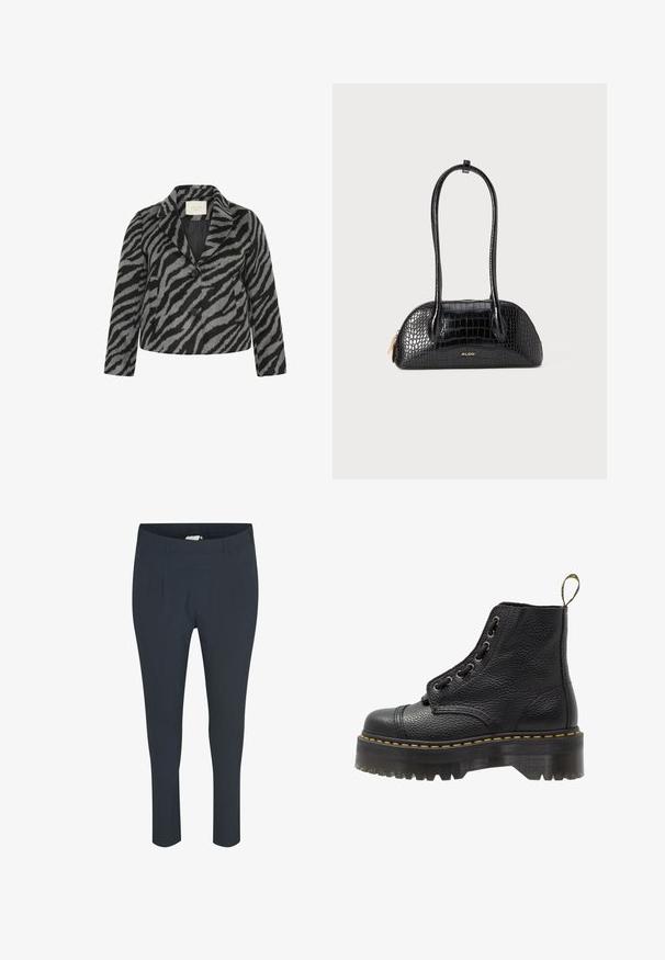 Kaffe Curve TORI - Puspaltis - black grey animal; Juodas marškinėlis su ilgomis nėrinių rankovėmis, turintis vientisą juodą korpusą ir gėlių nėriniavimo detalių. Apvalus iškirpimas su lygia tekstūra.; Tamsiai mėlynos, pritaikytos kelnės su lygiu paviršiumi, turinčios įsiūtas klostes priekyje ir elastingą juosmenį patogumui.; Juodas odinis aulinukas iki kulkšnies su tekstūruotu paviršiumi, apvaliu pirštu, raištelių uždarymo dizainu, geltonomis siūlėmis ir storu, briaunotu juodu platformos padu.; Juodas krokodilo rašto rankinukas su lygia tekstūra, apvalia forma ir dviem plonais rankenomis. Aukso logotipo akcentas arti apačios.; Sidabrinės auskarų įrankės, apvalios formos, glotni metalinė danga, be matomų puošmenų, lengvas dizainas, vienodas storis.