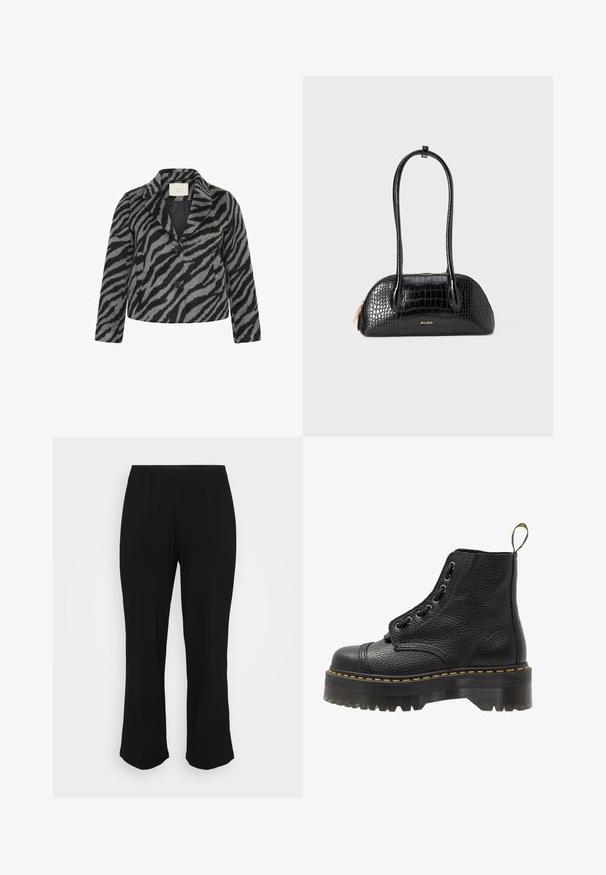 Kaffe Curve TORI - Manteau court - black grey animal; Haut noir avec de longues manches en dentelle, présentant un corps noir uni et des détails en dentelle florale. Encolure ronde au toucher doux.; Pantalons noirs évasés avec une finition lisse et des détails de plis subtils, présentés sur un fond blanc uni.; Bottines en cuir noir avec surface texturée, bout arrondi, lacets, coutures jaunes et une épaisse semelle noire crantée.; Sac à main noir avec motif crocodile, texture lisse, forme arrondie et deux poignées fines. Accent logo en or près de la base.; Boucles d'oreilles en argent avec un design minimaliste, présentant une forme circulaire lisse et une finition polie, maintenues par une fermeture à tige.