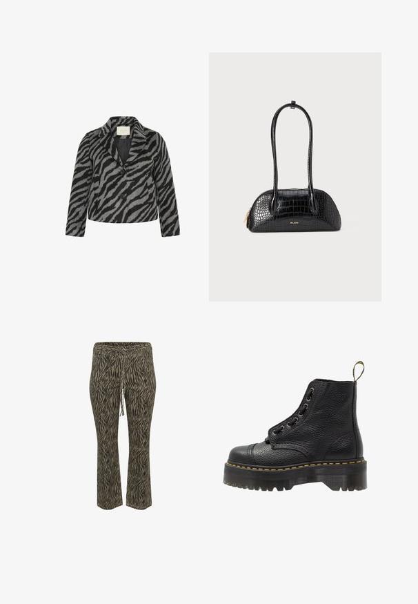 Kaffe Curve TORI - Lühike jakk - black grey animal; Must mustriga, millel on pikad pitsist varrukad, mis sisaldab ühtlast musta keha ja lillepitsist detailide. Ümmargune kaelus sujuva tekstuuriga.; Elastse vöökoht ja nööriga püksid khaki ja beezikitsiga. Keskmise tõusuga, laienevad sääred, pehme tekstuur. Sobib igapäevaseks kandmiseks.; Mustad musta nahast ankle botased tekstureeritud pinnaga, ümar nina, paeltega disain, kollased õmblused ja paks, soonikuline must platvormsool.; Must musta krokodillimustriga käekott, millel on sile tekstuur, ümar kuju ja kaks kõhnat käepidet. Kuldne logoaktsent aluse lähedal.; Hõbedased rõngas kõrvarõngad, ümmargune kuju, sile metallpind, nähtavat dekoratsiooni pole, kerge disain, ühtlane paksus.