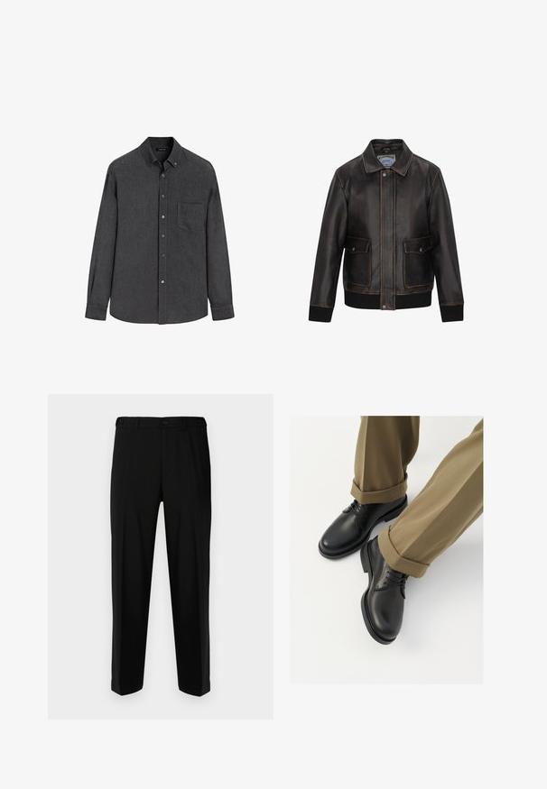 DreiMaster Lederjacke - black; Dunkelgrau langärmeliges Hemd mit Knopfleiste, einer Brusttasche und einem geknöpften Kragen, auf einem weißen Hintergrund präsentiert.; Schwarze Hosen aus glattem Stoff, mit geradem Schnitt, zwei vorderen Taschen und einem Reißverschluss mit Knopfverschluss.; Schwarze Lederschuhe mit glatter Oberfläche, versehen mit Schnürsenkeln und einer runden Zehenpartie, kombiniert mit hochgekrempelten khakifarbenen Hosen.