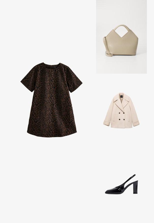 Beżowy płaszcz dwurzędowy z dużym wyłogiem, dwoma przednimi kieszeniami i czarnymi guzikami. Miękka tkanina i dopasowany krój podkreślają design.; Sukienka w panterkę w kolorze brązowym i czarnym. Krótkie rękawy, okrągły dekolt, luźny krój, długość do kolan, materiał bawełniany o gładkiej fakturze.; Czarne lakierowane czółenka z odkrytymi piętami, ze spiczastym noskiem i słupkowym obcasem na białym tle.; Beżowa torebka o wyraźnej strukturze z wklęsłym górnym brzegiem, wykonana z gładkiej skóry, z krótkimi uchwytami oraz długim regulowanym paskiem. Minimalistyczny design.