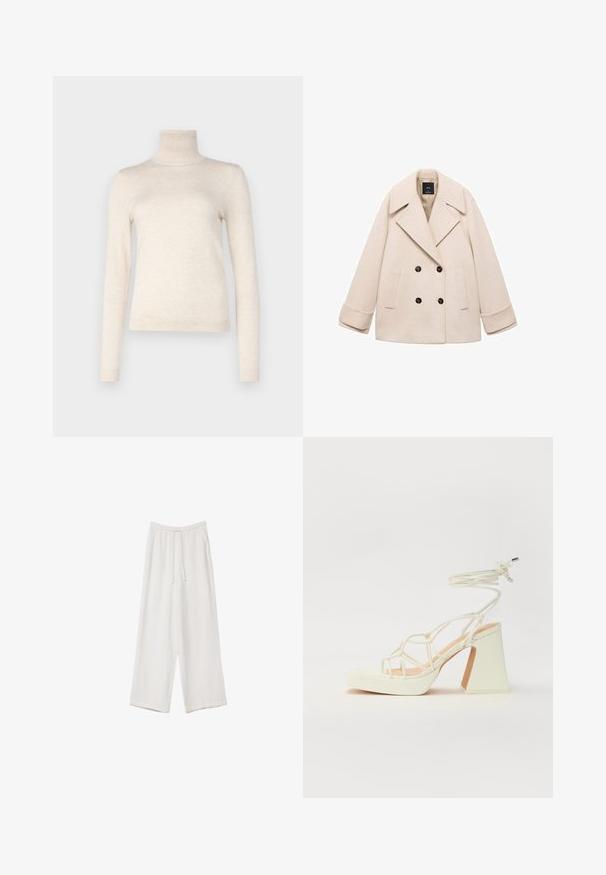 Bež plašč z dvojnim zapenjanjem in velikim zareznim ovratnikom, dvema sprednjima žepoma in črnimi gumbi. Mehek material in strukturiran kroj izboljšujeta zasnovo.; Svetar s rolom v svetložanžni barvi, izdelan iz mehkega pletenega materiala. Ima dolge rokave in rebrast ovratnik. Preprost, minimalističen dizajn.; Bele široke hlače iz lahkega materiala. Imajo elastičen pas s vrvico in stranske žepe. Gladka tekstura.; Bela sandala na visokih petah s debelim petam, ki ima obliko trakcev in vezanje okoli gležnja. Gladka tekstura z platformo spredaj za dodatno višino.