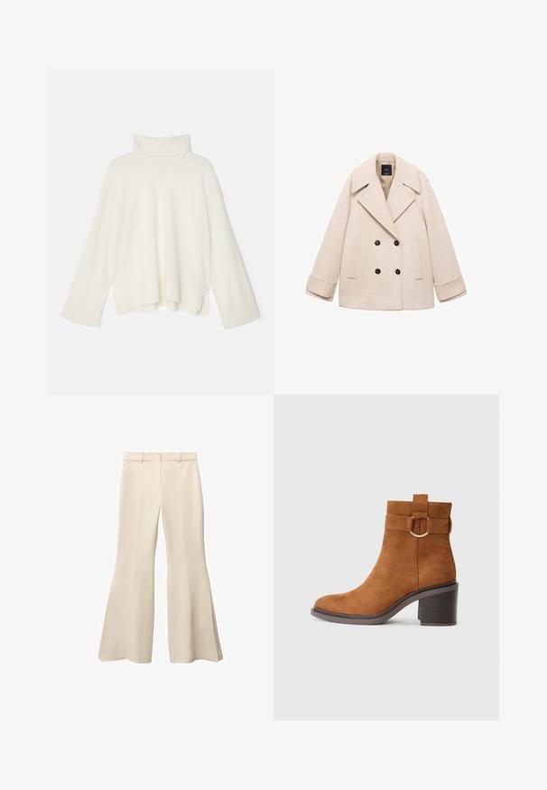 Béžový dvojradový kabát s veľkým klopovým golierom, dvoma prednými vreckami a čiernymi gombíkmi. Mäkčená látka a štruktúrovaný strih posilňujú dizajn.; Svetlý krémový rolák, oversized strih, ribbovaný povrch, spustené ramená a široké rukávy, vyrobený z mäkkej pleteniny.; Béžové rozšírené nohavice s hladkou štruktúrou, s plochým predným dielom, pútkami na opasok a hlbokými bočnými rozparkom na leme.; Hnedé semišové členkové topánky s okrúhlym špičkou, blokovým podpätkom a dekoratívnym pásikom s detailom v tvare kruhového pracky.