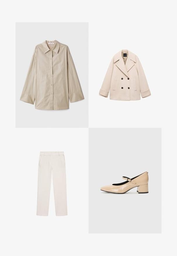 Beige dobbeltknappet frakke med stor slagkrave, to forlommer og sorte knapper. Blødt stof og struktureret pasform fremhæver designet.; Beige langærmet skjorte med en stor spidse krave, knaplukning foran og brede manchetter. Lavet af et glat, let stof.; Off-white lige ben bukser med bæltestropper, sidelommer og en skjult lukning foran.; Beige patenterede lædersko i Mary Jane-stil med en falsk tå, en spænde rem og en mellemhøj blokhæl. Glat tekstur med en blank finish.