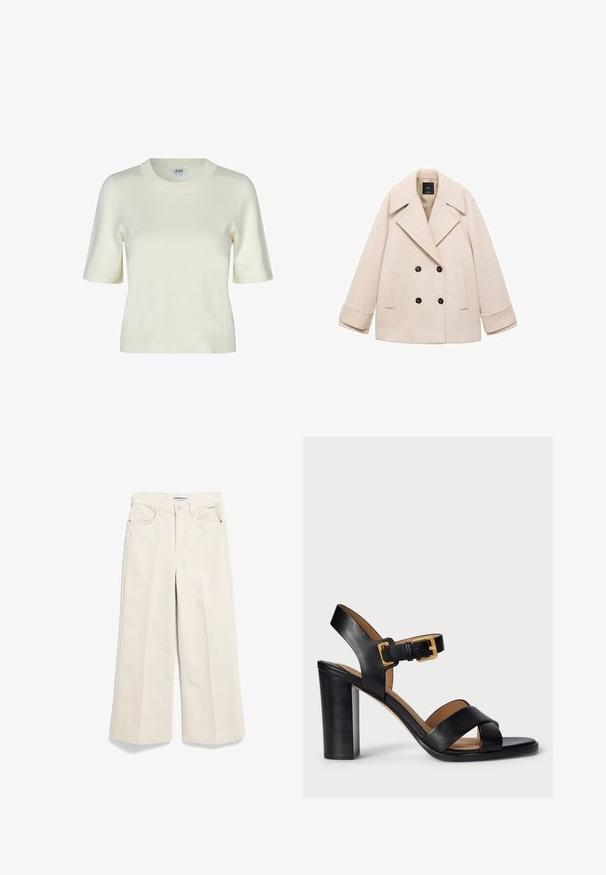Beige Doppelreiher mit großem Revers, zwei Fronttaschen und schwarzen Knöpfen. Das weiche Material und die taillierte Passform verbessern das Design.; Strickpullover mit kurzen Ärmeln in Off-White, mit einem runden Halsausschnitt und einer glatten, weichen Textur. Einfaches und klassisches Design.; Beige weite Hosen aus Baumwolle mit hoher Taille, Vordertaschen und einem Reißverschluss. Flacher Saum mit minimal sichtbaren Nähten.; Schwarze Leder-Absatzsandalen mit einem überkreuzten Riemendesign und einem Schnallenverschluss. Sie verfügen über einen dicken Absatz und eine glatte Textur.