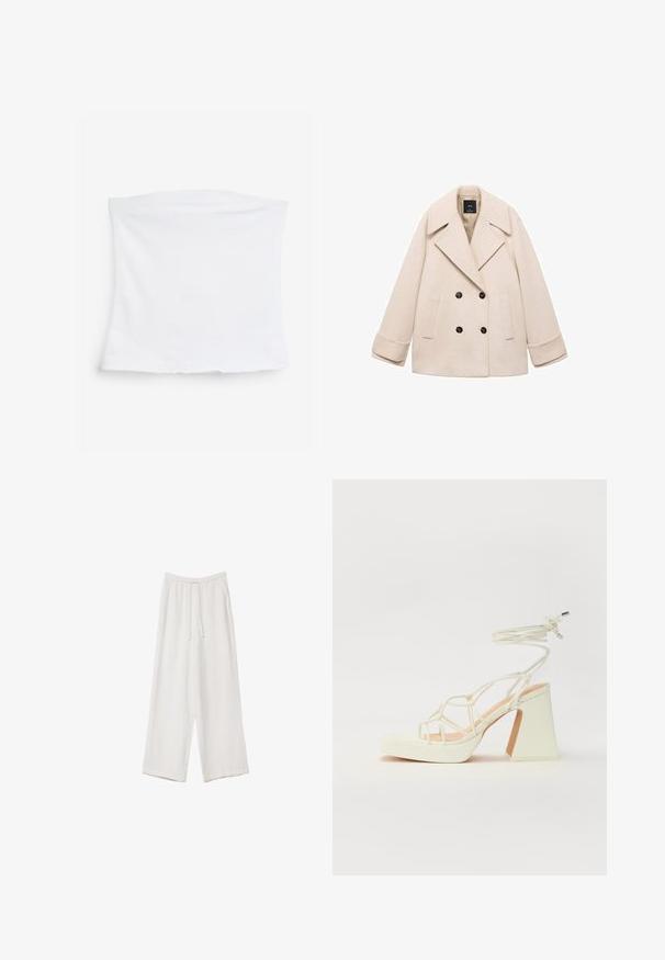 Beige dubbelzijdige jas met grote geknipte kraag, twee voorzakken en zwarte knopen. Zachte stof en gestructureerde pasvorm versterken het ontwerp.; Witte, rekbare tube-top gemaakt van zacht katoen. Eenvoudig ontwerp met een rechte snit en een gladde textuur, zonder zichtbare patronen of accenten.; Witte wijde broek gemaakt van een lichte stof. Voorzien van een elastische tailleband met een trekkoord en zijzakken. Zachte textuur.; Witte hoge hakken sandaal met een chunky hak, met een bandjesontwerp en enkelband. Gladde textuur met een plateau voor extra hoogte.