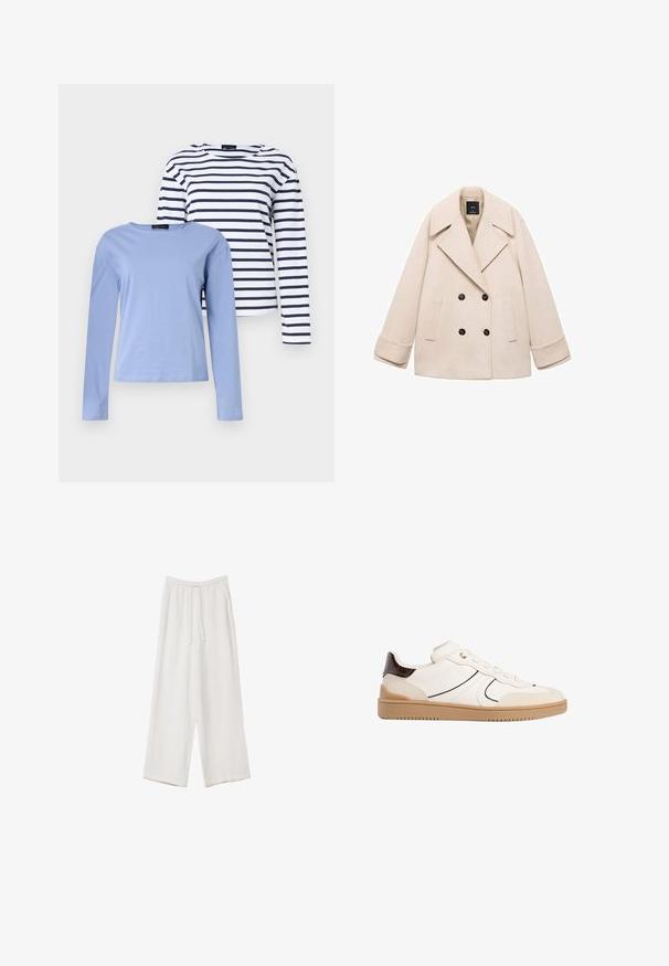 Bež plašč z dvojnim zapenjanjem in velikim zareznim ovratnikom, dvema sprednjima žepoma in črnimi gumbi. Mehek material in strukturiran kroj izboljšujeta zasnovo.; Dva dolge rokave majice: ena enobarvna svetlo modra, druga v mornarsko modri in beli horizontalni črti. Obe majici imata okrogle izreze.; Bele široke hlače iz lahkega materiala. Imajo elastičen pas s vrvico in stranske žepe. Gladka tekstura.; Stradivarius Športni copati - white