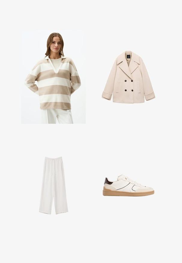 Beżowy płaszcz dwurzędowy z dużym wyłogiem, dwoma przednimi kieszeniami i czarnymi guzikami. Miękka tkanina i dopasowany krój podkreślają design.; Beżowy i biały sweter w paski z dekoltem w kształcie litery V i kołnierzykiem, wykonany z miękkiego materiału. Posiada luźny krój i rozcięcia po bokach u dołu.; Białe spodnie o szerokich nogawkach wykonane z lekkiego materiału. Posiadają elastyczny pas z sznurkiem i boczne kieszenie. Gładka tekstura.; Stradivarius - Sneakersy niskie