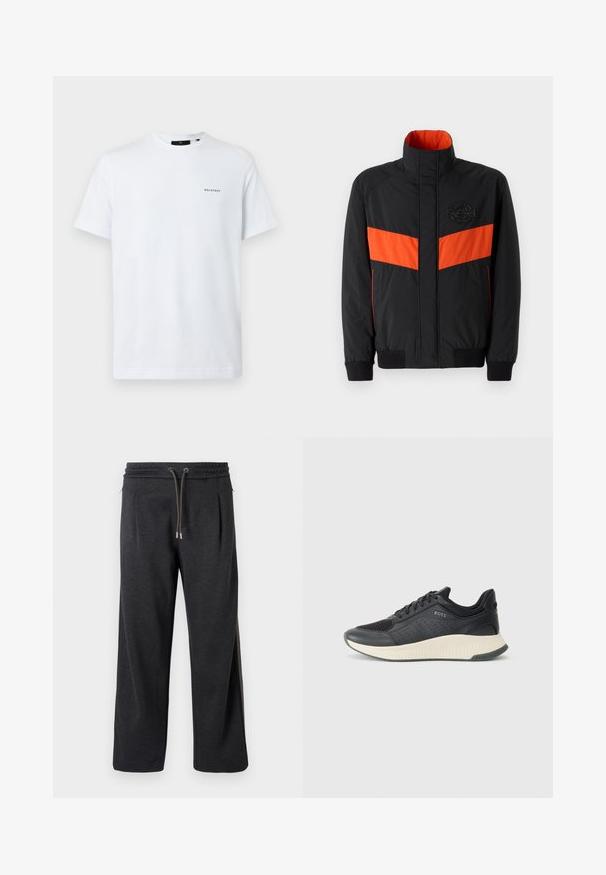 Black jacket with orange horizontal stripe, high collar, elastic cuffs, and a logo patch on the chest. Smooth texture and lightweight material.; White cotton t-shirt with short sleeves, ribbed crew neckline, and a small gray "BELSTAFF" logo on the left chest area.; Dark gray joggers with a soft texture, elastic waistband, drawstring closure, and side seams featuring contrasting accents. Wide-leg design.; Black athletic sneaker featuring a mesh upper with perforations, a textured midsole in cream, and a rubber outsole for traction.