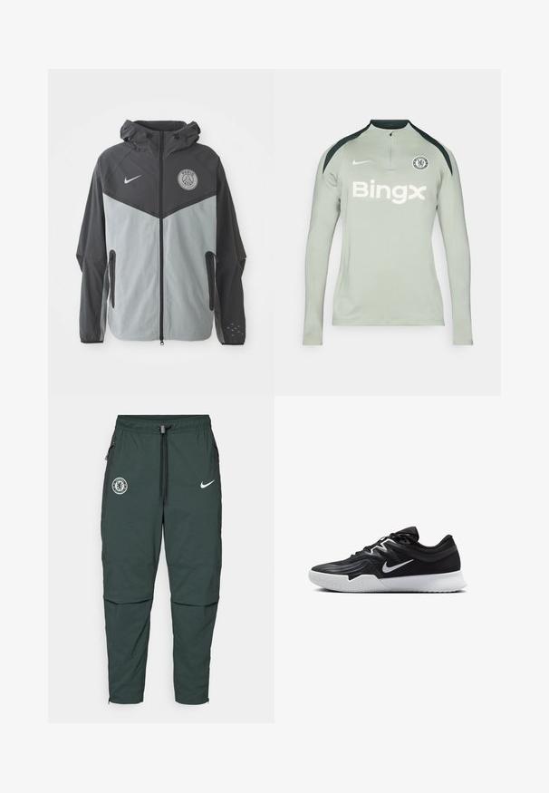 Nike Paris Saint-Germain jack met een capuchon, in een zwart en lichtgrijs kleurenschema, met ritssluiting aan de voorkant en logo op de borst.; Langemouwige, lichtgrijze sportshirt met zwarte schouderaccenten, ritskraag, Nike-logo en de tekst 'Bingx' op de voorkant. Chelsea FC-badge aanwezig.; Donkergroene sportbroek met een elastische tailleband, met rits afsluitbare steekzakken aan de zijkant, het Chelsea FC-logo en een witte Nike Swoosh aan de voorkant.; Zwarte sportieve schoen met een gestructureerde bovenkant, witte Nike swoosh en een witte rubberen zool. Beschikt over een veterontwerp en een dynamische vorm.