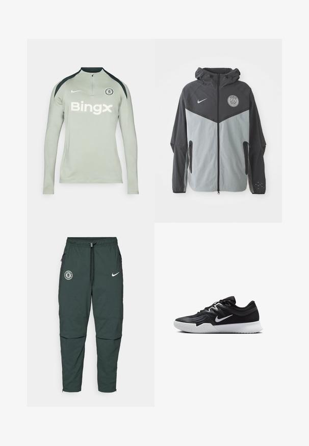 Nike Paris Saint-Germain striukė su gobtuvu, juodos ir šviesiai pilkos spalvų derinys, užtrauktukas priekyje ir logotipas ant krūtinės.; Šviesiai pilkas ilgomis rankovėmis sportinis marškinėliai su juodais peties akcentais, užtrauktuko apykakle, Nike logotipu ir 'Bingx' tekstu priekyje. Chelsea FC emblema taip pat yra.; Tamsiai žali Nike treninginiai kelnes su elastine juosta, reguliuojama raišteliu, šoninėmis užtrauktukų kišenėmis ir Chelsea FC logotipu ant kairio šlaunies.; Juodos sportinės bateliai su tekstūruota viršutine dalimi, balta Nike swoosh ir balta gumine išorine dalimi. Yra su raištelių užsegimo dizainu ir dinamine forma.