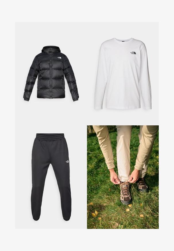 Black puffer jacket made of shiny, textured material with a hood, front zipper, and elastic cuffs. Features two front pockets and logo detail.; White long-sleeve T-shirt made of cotton with a crew neck. Features a small black logo on the chest. Smooth texture, regular fit.; Black sweatpants with a drawstring waist, tapered fit, elastic cuffs, and a small white logo on the left thigh, made from smooth fabric.; Outdoor footwear with a mesh upper in brown tones; features intricate lacing and a textured black rubber sole. Grass and leaves in the foreground.