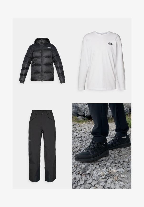 Giacca a vento nera in materiale lucido e texture, con cappuccio, zip frontale e polsini elasticizzati. Presenta due tasche frontali e dettagli con logo.; T-shirt bianco a maniche lunghe in cotone con colletto rotondo. Presenta un piccolo logo nero sul petto. Texture liscia, vestibilità regolare.; Pantaloni impermeabili neri con taglio dritto, dotati di tasche con zip, accenti di orlo rinforzati e una finitura liscia.; Scarpe da esterni nere realizzate in mesh e materiale sintetico, con una parte superiore testurizzata, un sistema di allacciatura sicuro e una suola robusta, su terreno roccioso.