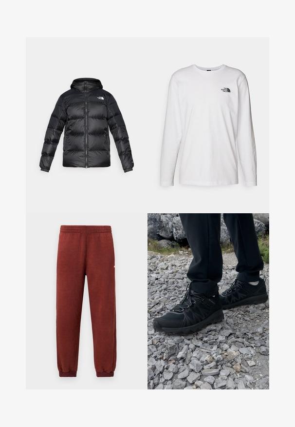 Schwarze Pufferjacke aus glänzendem, strukturiertem Material mit Kapuze, durchgehendem Reißverschluss und elastischen Bündchen. Verfügt über zwei Fronttaschen und ein Logo-Detail.; Weißes langärmliges T-Shirt aus Baumwolle mit Rundhalsausschnitt. Verfügt über ein kleines schwarzes Logo auf der Brust. Glatte Textur, reguläre Passform.; Rustfarbene Fleece-Sweatpants mit elastischem Bund und Knöchelabschlüssen, vor einem weißen Hintergrund präsentiert.; Schwarze Outdoor-Schuhe aus Mesh und synthetischem Material, mit einer strukturierten Oberseite, gesichertem Schnürsystem und griffiger Laufsohle, auf felsigem Gelände.