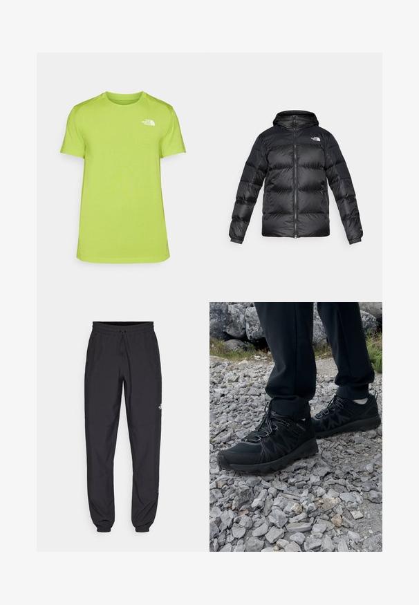 Chaleco acolchado negro hecho de un material brillante y texturizado con capucha, cremallera frontal y puños elásticos. Cuenta con dos bolsillos frontales y detalle de logo.; Camiseta de manga corta verde lima hecha de tela que absorbe la humedad, con un pequeño logo blanco en el lado izquierdo del pecho y un escote redondo.; Pantalones deportivos negros hechos de un tejido ligero, con una cinturilla ajustable, bolsillos laterales y puños ajustados en los tobillos.; Zapatos exteriores negros con malla y material sintético, que presentan un upper texturizado, un sistema de cordones seguro y una suela robusta, sobre terreno rocoso.