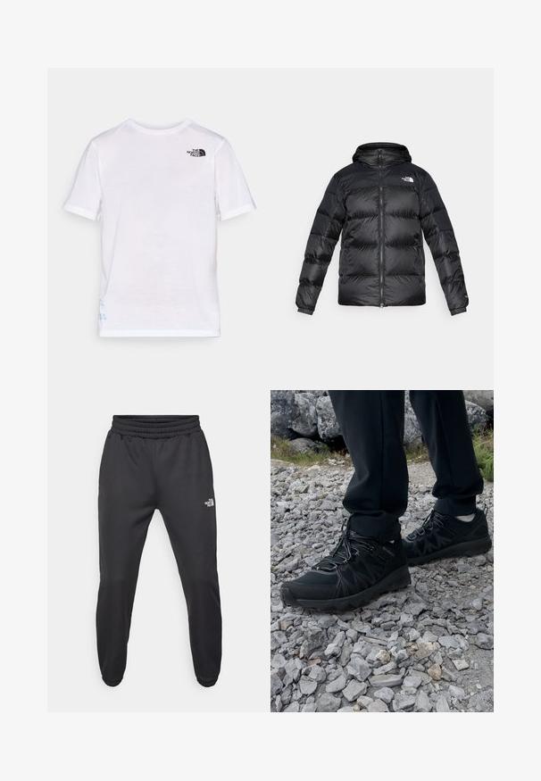 Doudoune noire en matériau brillant et texturé, dotée d'une capuche, d'une fermeture éclair à l'avant et de poignets élastiques. Équipée de deux poches avant et d'un détail logotype.; T-shirt blanc à manches courtes avec un logo noir sur le côté gauche de la poitrine et un détail de design bleu près de l'ourlet. Tissu doux et léger.; Pantalons de survêtement noirs avec une taille à cordon de serrage, coupe fuselée, poignets élastiques et un petit logo blanc sur la cuisse gauche, fabriqués en tissu lisse.; Chaussures d'extérieur noires en matériau synthétique et en maille, présentant une tige texturée, un système de lacets sécurisé et une semelle extérieure robuste, sur un terrain rocailleux.