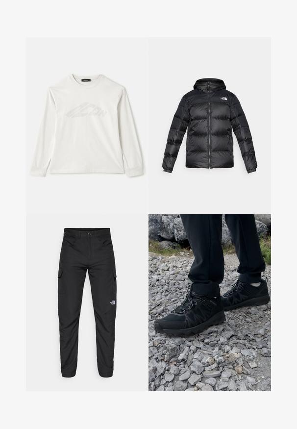 Black puffer jacket made of shiny, textured material with a hood, front zipper, and elastic cuffs. Features two front pockets and logo detail.; Long-sleeve light gray T-shirt made from cotton, featuring a round neckline, side slits, and a faint printed logo on the front.; The North Face HORIZON PANT - Outdoor trousers - black; Black outdoor shoes with mesh and synthetic material, featuring a textured upper, secured lacing system, and a rugged outsole, on rocky terrain.