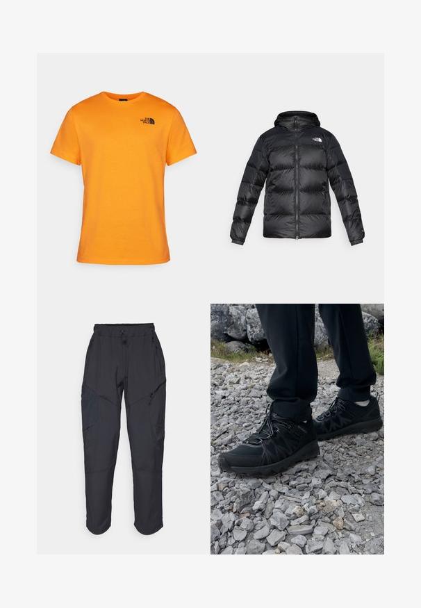 Schwarze Pufferjacke aus glänzendem, strukturiertem Material mit Kapuze, durchgehendem Reißverschluss und elastischen Bündchen. Verfügt über zwei Fronttaschen und ein Logo-Detail.; Oranges Baumwoll-T-Shirt mit Rundhalsausschnitt und kurzen Ärmeln. Auf der linken Brust befindet sich ein schwarzes Logo-Design. Glatte Textur, normale Passform.; Schwarze Cargo-Hosen aus leichtem, wasserabweisendem Material; verfügen über einen elastischen Bund, mehrere Reißverschlusstaschen und schmal zulaufende Beine.; Schwarze Outdoor-Schuhe aus Mesh und synthetischem Material, mit einer strukturierten Oberseite, gesichertem Schnürsystem und griffiger Laufsohle, auf felsigem Gelände.
