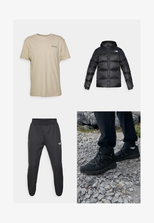 Black puffer jacket made of shiny, textured material with a hood, front zipper, and elastic cuffs. Features two front pockets and logo detail.; Beige cotton t-shirt with short sleeves, crew neck, and a small black logo on the left chest area. Smooth texture, casual design.; Black sweatpants with a drawstring waist, tapered fit, elastic cuffs, and a small white logo on the left thigh, made from smooth fabric.; Black outdoor shoes with mesh and synthetic material, featuring a textured upper, secured lacing system, and a rugged outsole, on rocky terrain.