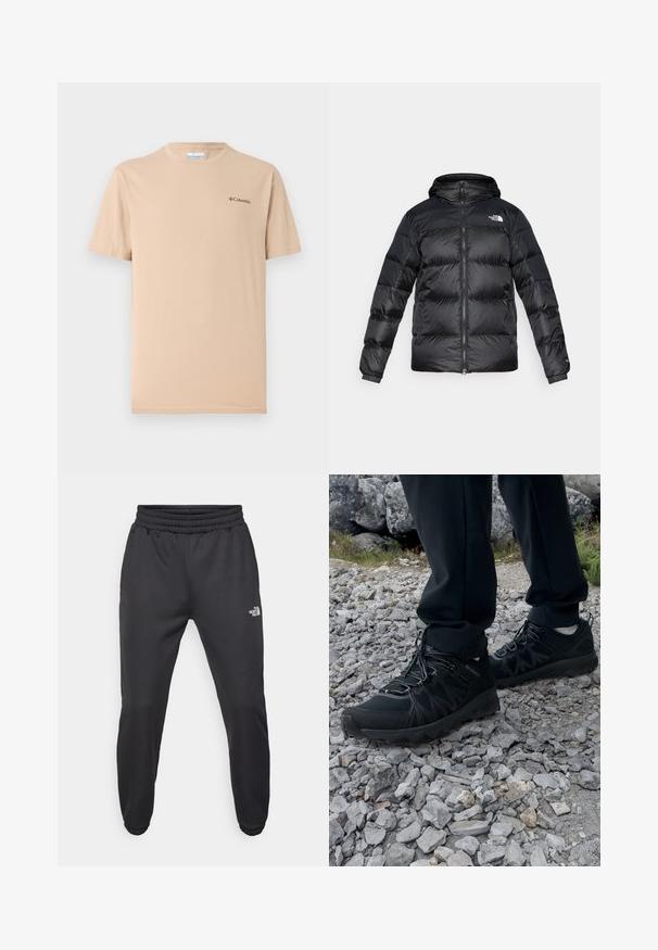 Schwarze Pufferjacke aus glänzendem, strukturiertem Material mit Kapuze, durchgehendem Reißverschluss und elastischen Bündchen. Verfügt über zwei Fronttaschen und ein Logo-Detail.; Beige T-Shirt mit kurzen Ärmeln aus weichem Stoff, mit rundem Halsausschnitt und kleinem schwarzen Logo auf der linken Brust. Einfaches Design.; Schwarze Jogginghose mit verstellbarem Bund, schlanker Passform, elastischen Bündchen und einem kleinen weißen Logo am linken Oberschenkel, hergestellt aus glattem Stoff.; Schwarze Outdoor-Schuhe aus Mesh und synthetischem Material, mit einer strukturierten Oberseite, gesichertem Schnürsystem und griffiger Laufsohle, auf felsigem Gelände.