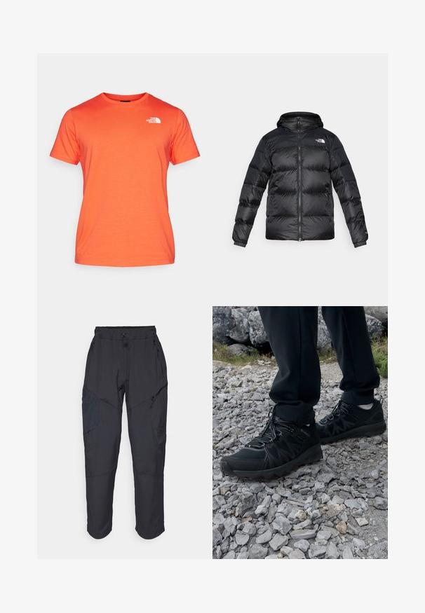 Černá pufová bunda vyrobená z lesklého texturovaného materiálu s kapucí, předním zipem a elastickými manžetami. Obsahuje dvě přední kapsy a detail s logem.; The North Face M SS BOX NSE TEE - Triko s potiskem - crimson orange/black; Černé cargo kalhoty vyrobené z lehkého, voděodolného materiálu; mají elastický pas, několik kapes na zip a zúžené nohavice.; Černé venkovní boty z prodyšného a syntetického materiálu, s texturovaným svrškem, bezpečným šněrovacím systémem a robustní podrážkou, na skalnatém terénu.