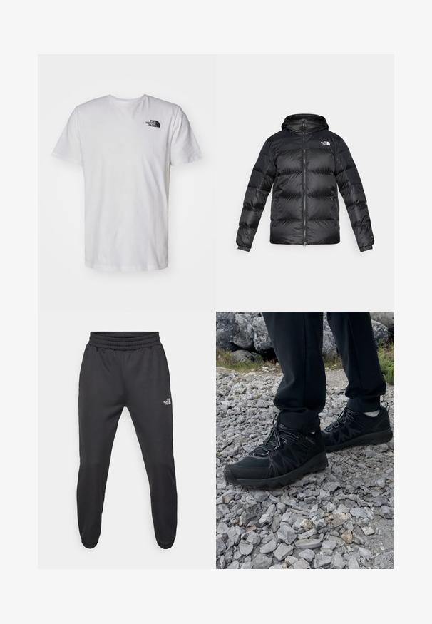 Črna puhaste jakne iz sijočega, teksturiranega materiala z kapuco, sprednjim zadrgo in elastičnimi manšetami. Ima dva sprednja žepa in logotip.; Bela bombažna majica s kratkimi rokavi in krožnim izrezom. Ima majhen črn logotip na zgornjem levem predelu prsnega koša. Gladka tekstura.; Črne trenirke z vrvico v pasu, ozkega kroja, z elastičnimi manšetami in majhnim belim logotipom na levem stegnu, narejene iz gladkega materiala.; Črne zunanje čevlje iz mrežastega in sintetičnega materiala, s teksturiranim zgornjim delom, zavarovanim sistemom vezalk in trdim podplatom, na skalnatem terenu.