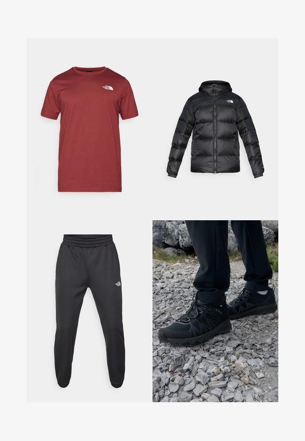 Black puffer jacket made of shiny, textured material with a hood, front zipper, and elastic cuffs. Features two front pockets and logo detail.; The North Face M SS BOX NSE TEE - Print T-shirt - sumac/asphalt grey; Black sweatpants with a drawstring waist, tapered fit, elastic cuffs, and a small white logo on the left thigh, made from smooth fabric.; Black outdoor shoes with mesh and synthetic material, featuring a textured upper, secured lacing system, and a rugged outsole, on rocky terrain.