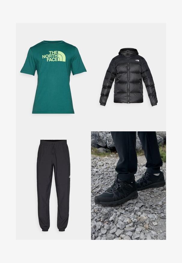 Černá pufová bunda vyrobená z lesklého texturovaného materiálu s kapucí, předním zipem a elastickými manžetami. Obsahuje dvě přední kapsy a detail s logem.; Zelené tričko s krátkým rukávem vyrobené z bavlny, s velkým žlutým potiskem loga "THE NORTH FACE" na přední straně v zakřiveném designu.; Černé sportovní kalhoty vyrobené z lehké tkaniny, s páskem na šňůrku, bočními kapsami a zúženými manžetami na kotnících.; Černé venkovní boty z prodyšného a syntetického materiálu, s texturovaným svrškem, bezpečným šněrovacím systémem a robustní podrážkou, na skalnatém terénu.
