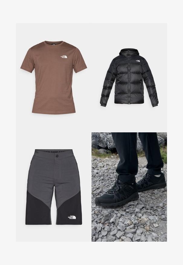 Črna puhaste jakne iz sijočega, teksturiranega materiala z kapuco, sprednjim zadrgo in elastičnimi manšetami. Ima dva sprednja žepa in logotip.; The North Face M SS SIMPLE DOME TEE - Športne majice - smokey brown; Sive in črne kratke hlače s panelnim dizajnom, sprednjim gumbom in logotipom The North Face. Narejene so iz lahkotnega in trpežnega materiala.; Črne zunanje čevlje iz mrežastega in sintetičnega materiala, s teksturiranim zgornjim delom, zavarovanim sistemom vezalk in trdim podplatom, na skalnatem terenu.