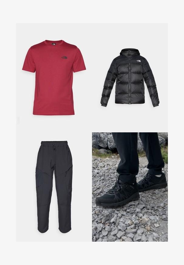 Sort pufferjakke lavet af skinnende, tekstureret materiale med hætte, frontlynlås og elastiske manchetter. Har to frontlommer og logo-detalje.; The North Face M SS SIMPLE DOME TEE - Sports T-shirts - beetroot; Sorte cargo bukser lavet af et let, vandafvisende materiale; har elastisk talje, flere lynlåslommer og tætsiddende ben.; Sorte udendørssko med mesh og syntetisk materiale, med en tekstureret overdel, sikre snørebånd og en robust ydersål, på klippelandskab.