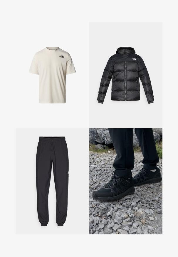 Chaleco acolchado negro hecho de un material brillante y texturizado con capucha, cremallera frontal y puños elásticos. Cuenta con dos bolsillos frontales y detalle de logo.; Camiseta de manga corta beige hecha de algodón, con un cuello redondo y un pequeño logo negro en la parte superior izquierda del pecho. Textura suave.; Pantalones deportivos negros hechos de un tejido ligero, con una cinturilla ajustable, bolsillos laterales y puños ajustados en los tobillos.; Zapatos exteriores negros con malla y material sintético, que presentan un upper texturizado, un sistema de cordones seguro y una suela robusta, sobre terreno rocoso.