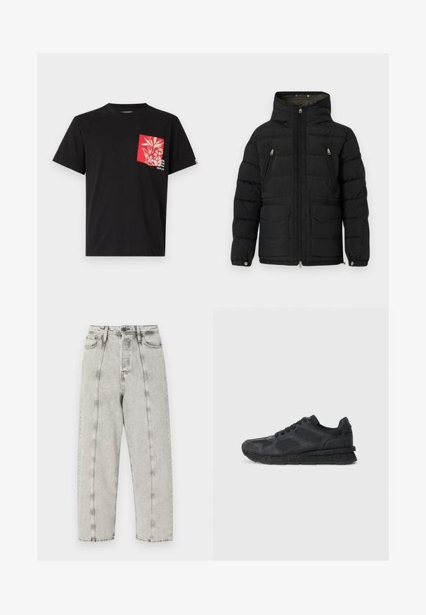 Replay CLASSIC HOODED PUFFER - Ziemas jaka - black; Melna kokvilnas T-krekls ar apaļu kakla izgriezumu, ar sarkana ziedu kabatu un baltu tekstu tuvu apakšmalai kreisajā pusē.; Pelēki augsta jostasvieta džinsi ar brīvu piegriezumu, ar taisnu kāju dizainu, redzamām dūrēm un nolietotu tekstūru.; Replay ARTHUR ATOM - Treniņu apavi - black