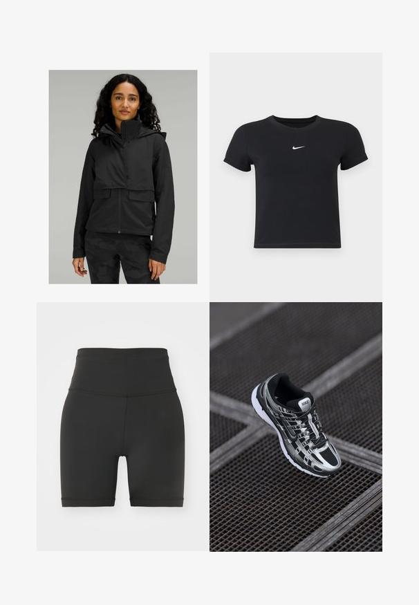 Čierna kapucňová bunda s croppovaným strihom, dvoma prednými vreckami a hladkou textúrou. Nosená cez čierne tričko a nohavice s maskáčovým vzorom.; Čierne tričko s krátkym rukávom vyrobené z bavlny s okrúhlym výstrihom. Obsahuje biele logo Nike na hrudi, minimalistický dizajn a priliehavý strih.; Čierne cyklistické šortky s vysokým pásom vyrobené z elastického materiálu, s hladkým povrchom, priliehavým strihom a lemovanými okrajmi. Žiadne viditeľné vzory ani akcenty.; Bežecká obuv Nike s čierno-striebornou farebnou schémou, sieťovinovým zvrškom, štruktúrovanou podrážkou a systémom šnurovania pre bezpečné uchytenie.
