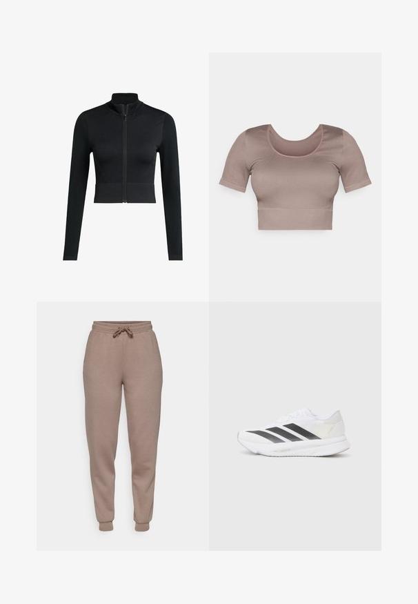 Black cropped zip-up jacket, fitted design, long sleeves, made from smooth, stretchy fabric, featuring a high collar and minimalistic logo detailing.; Mauve cropped top with short sleeves, featuring a scoop neckline and textured ribbed fabric. Simple design without patterns or embellishments.; ONLY Play ONPLOUNGE LIFE REG NOOS - Tracksuit bottoms - walnut; White athletic shoe with black diagonal stripes, mesh upper, rounded toe, and textured sole. Accents include a silver heel and minimalistic design.